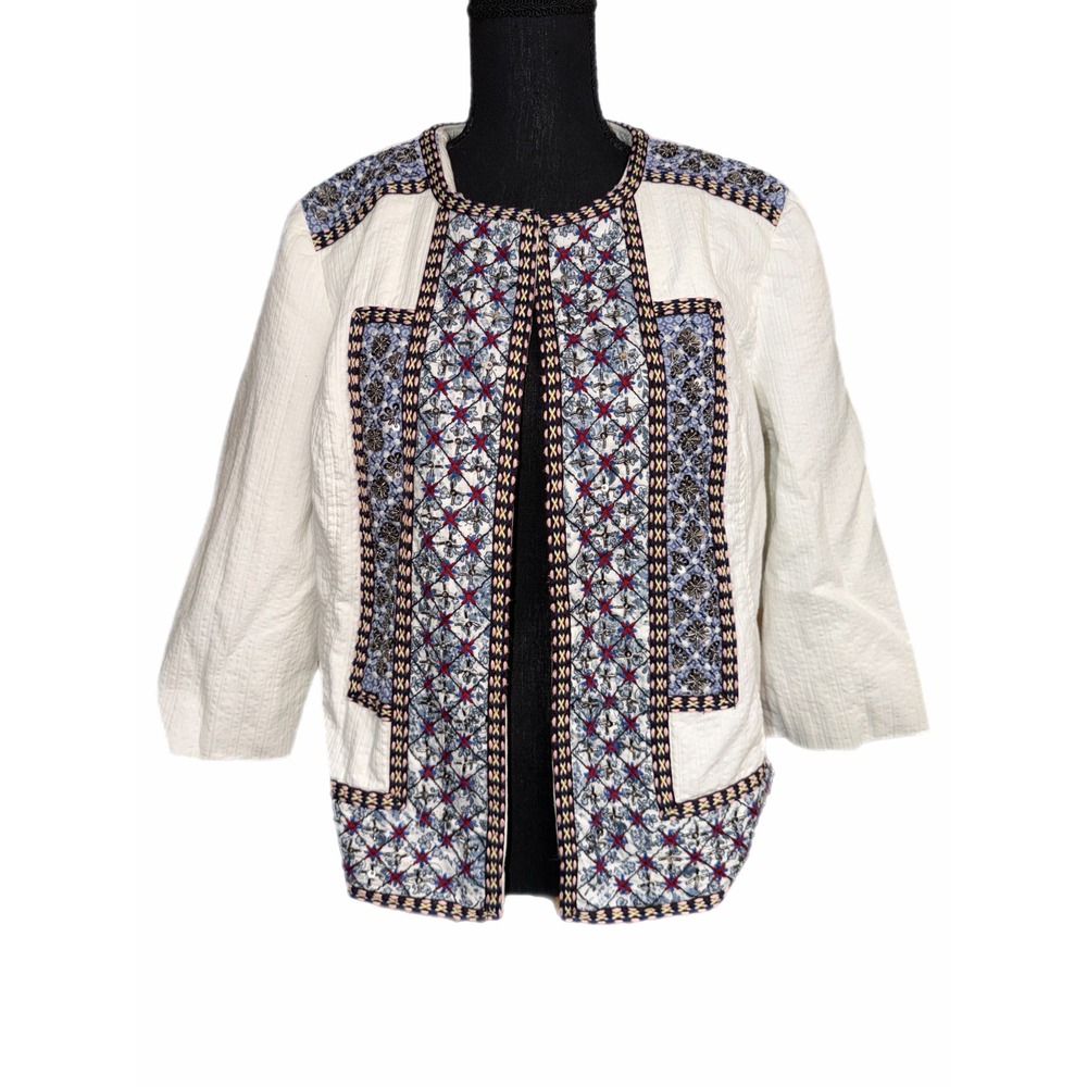Chicos White Embroidered Open Front Jacket 3/4 Sleeve Cotton Size 2 Medium